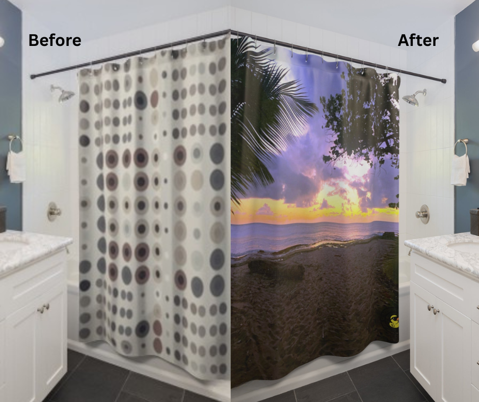Before and after lifestyle photo for Puerto Rican Paradise Shower Curtain