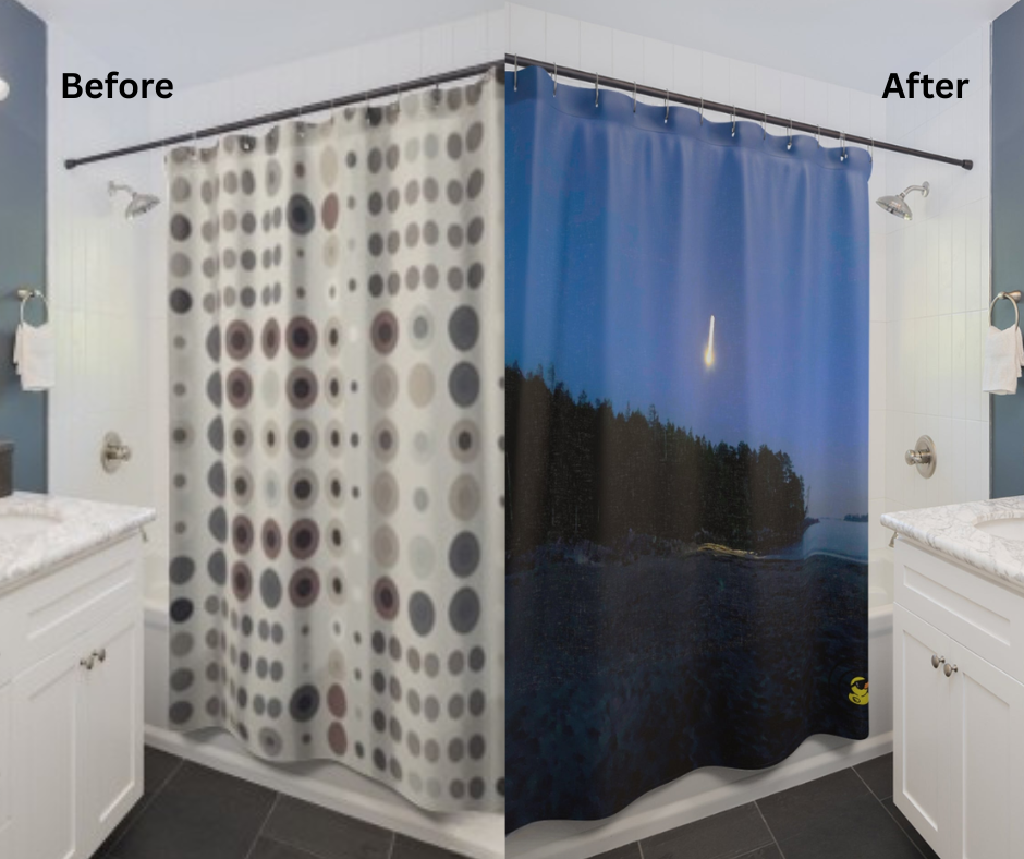 Before and after lifestyle photo for Beach Shooting Star Shower Curtain