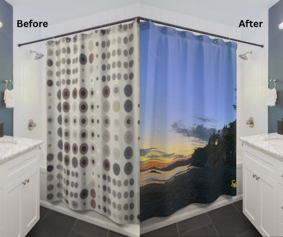Before and after lifestyle photo for Stairway to Paradise Shower Curtain