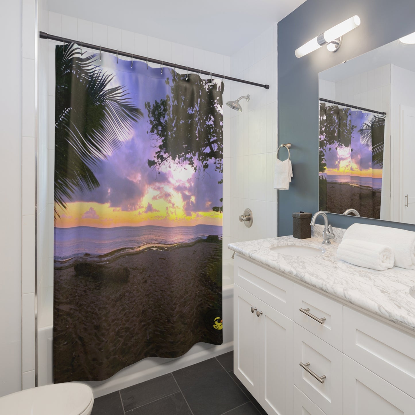 Puerto Rican Paradise shower curtain with tropical sunset, palm trees, and vibrant sky in white and blue bathroom.