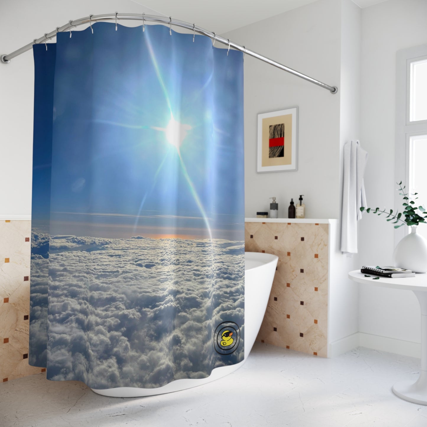 Shower curtain featuring sun shining above the clouds. Adding brightness and tranquility to a modern bathroom.