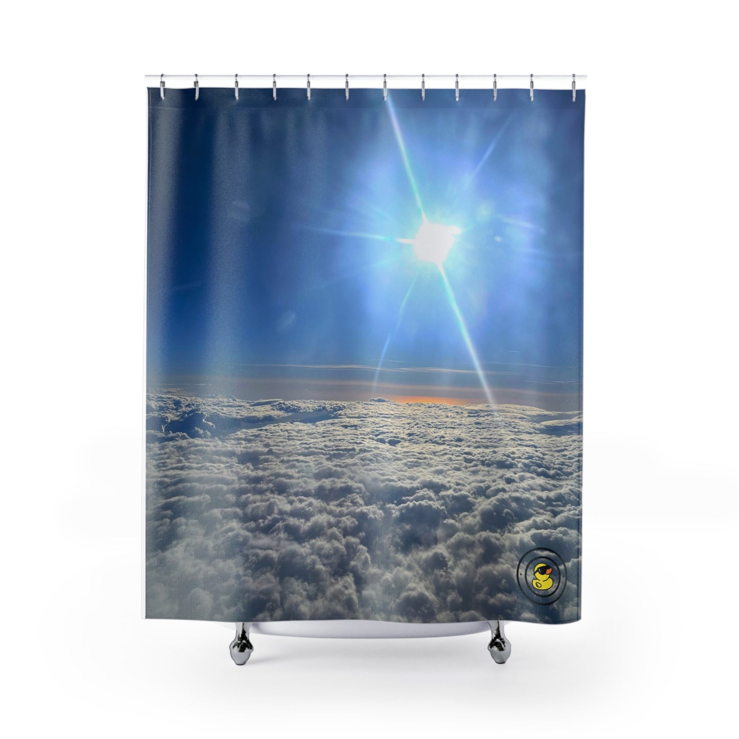 Shower curtain with a radiant sun shining above soft clouds. Creating a calm, sky-high atmosphere.