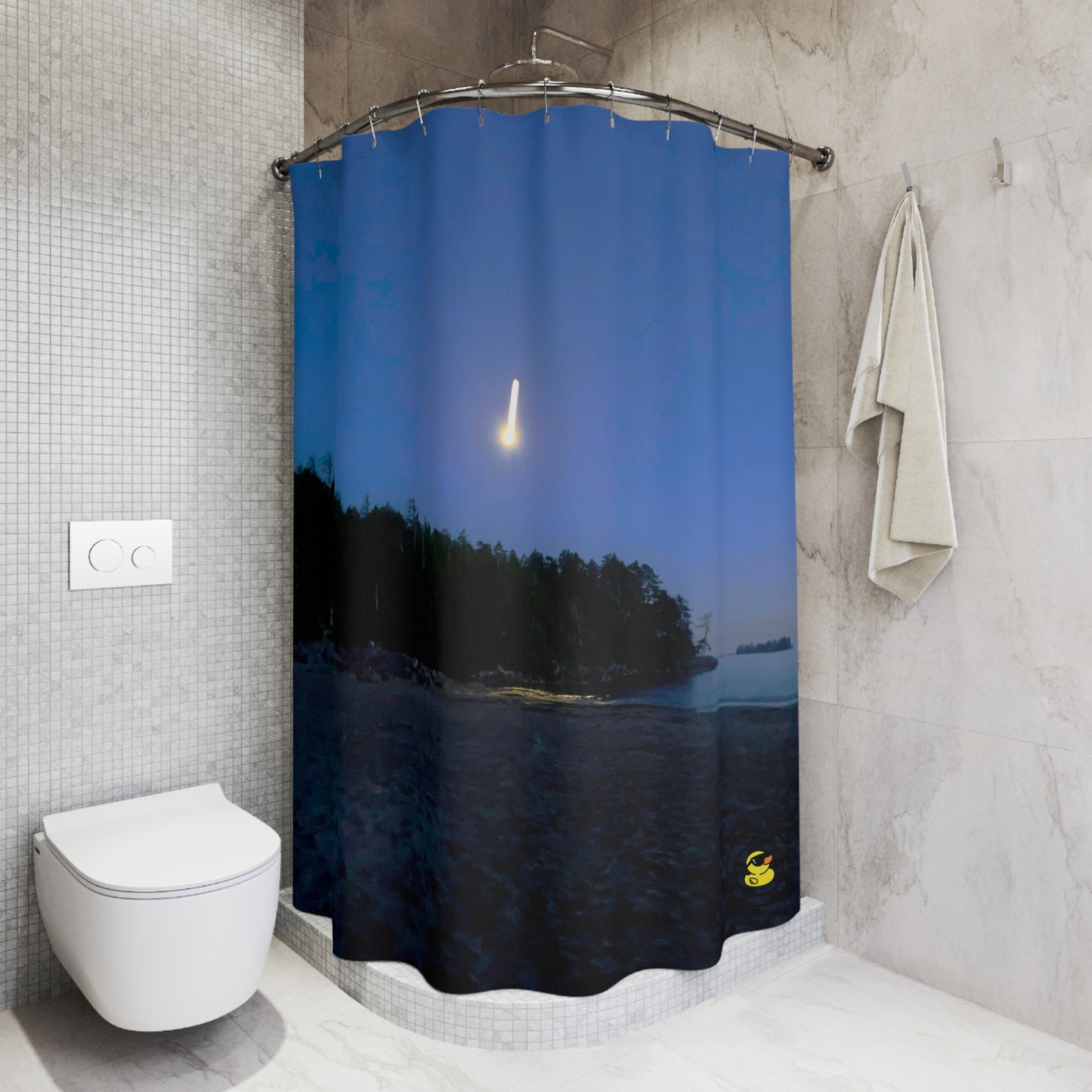 Modern bathroom featuring the “Beach Shooting Star” shower curtain with a vivid night sky and glowing shooting star over a coastal scene.