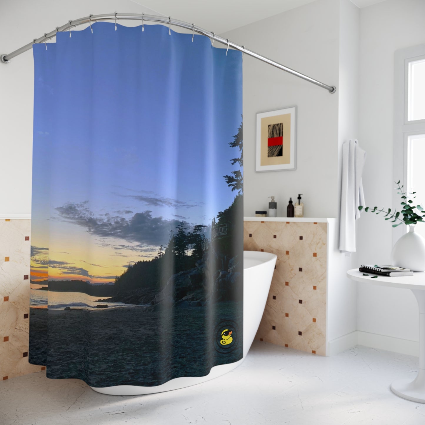 Serene ocean sunset printed on a bathroom curtain