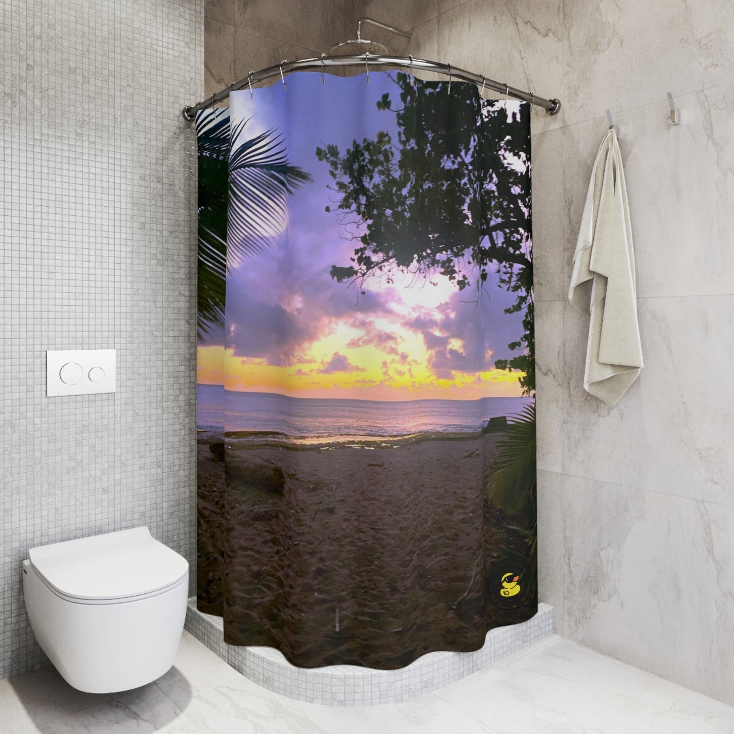 Puerto Rican Paradise shower curtain with palm silhouettes, sandy beach, and vivid tropical sunset in modern bathroom.