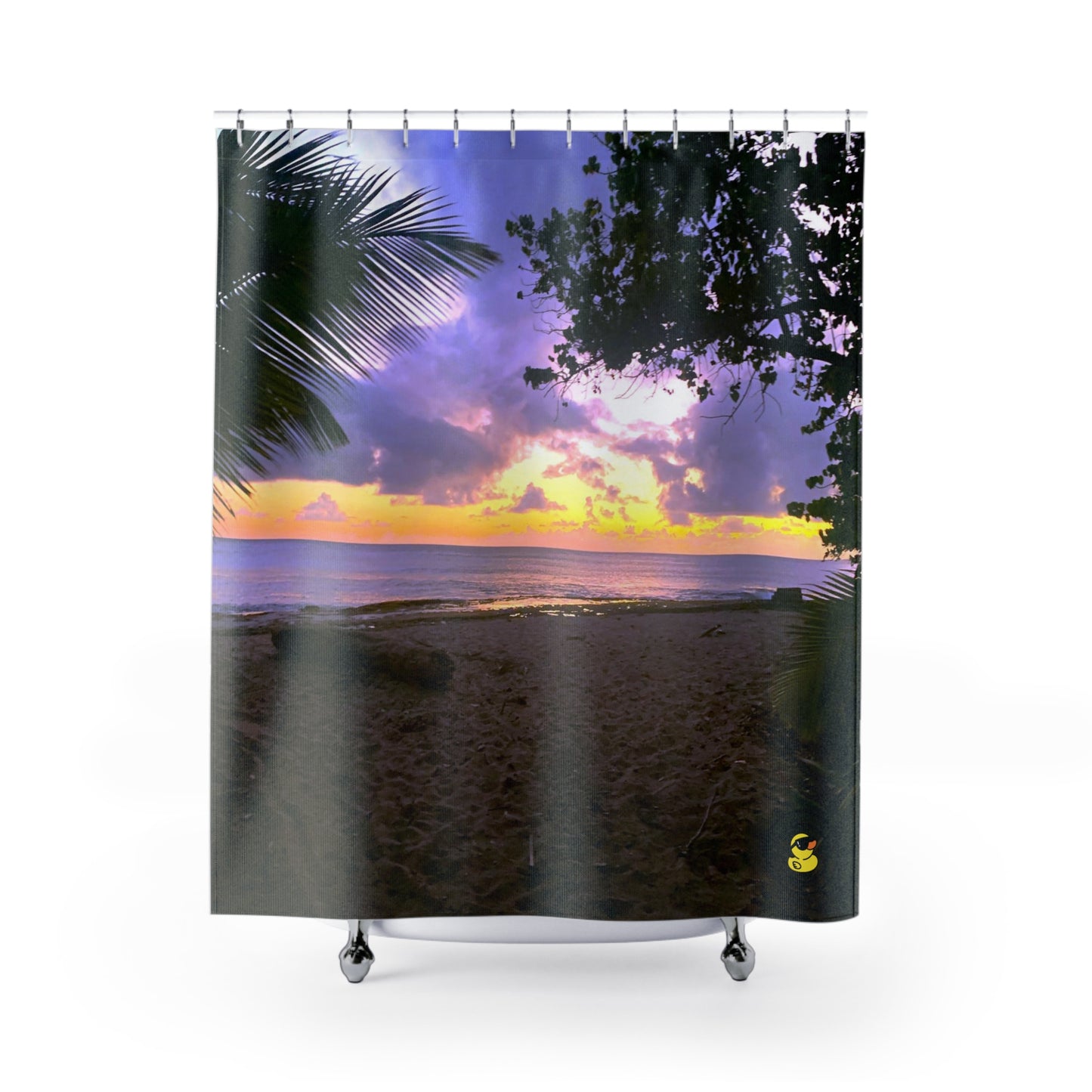 Tropical beach sunset shower curtain with palm trees, golden sand, and a purple-orange sky.