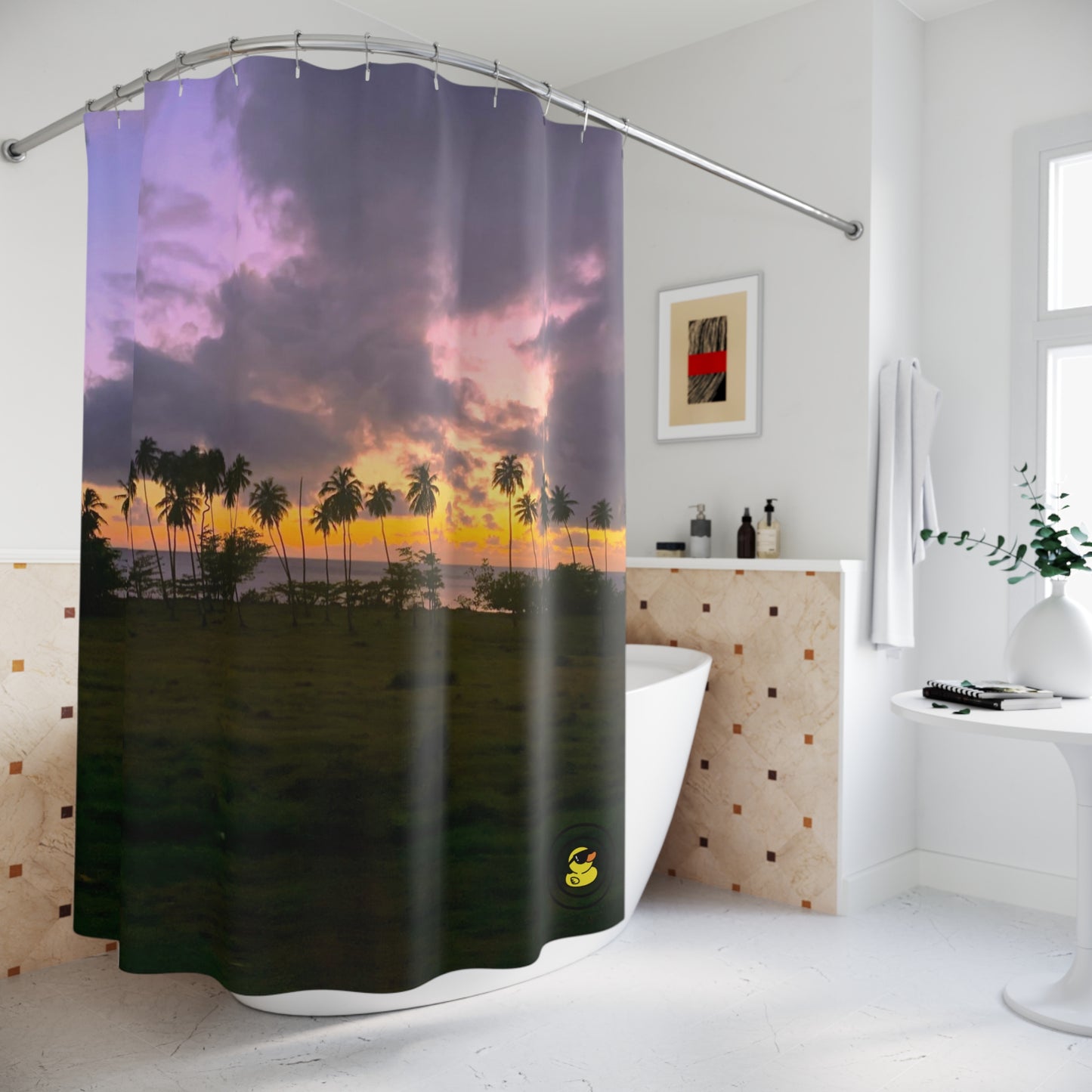 Shower curtain featuring tropical palm trees at sunset with dramatic purple clouds over a grassy shoreline.