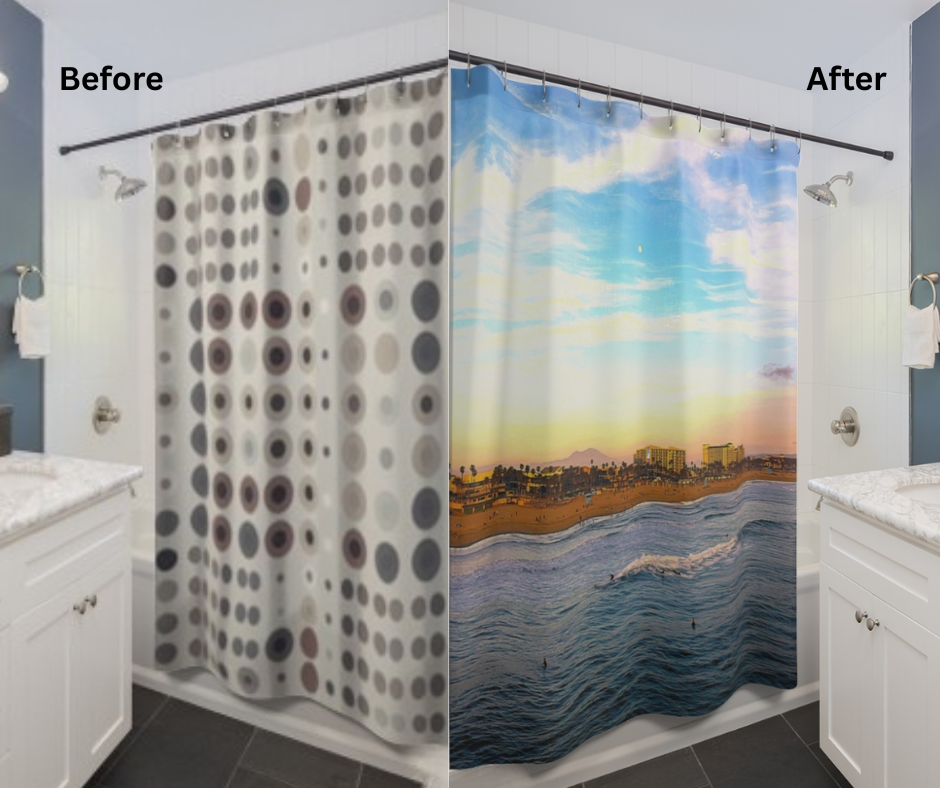 Before and after lifestyle photo for Malibu Surf Shower Curtain