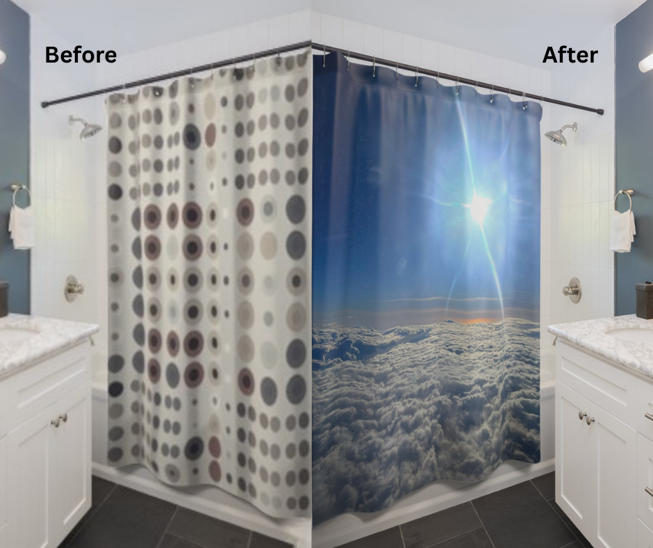 Before and after lifestyle photo for Above the Clouds Shower Curtain