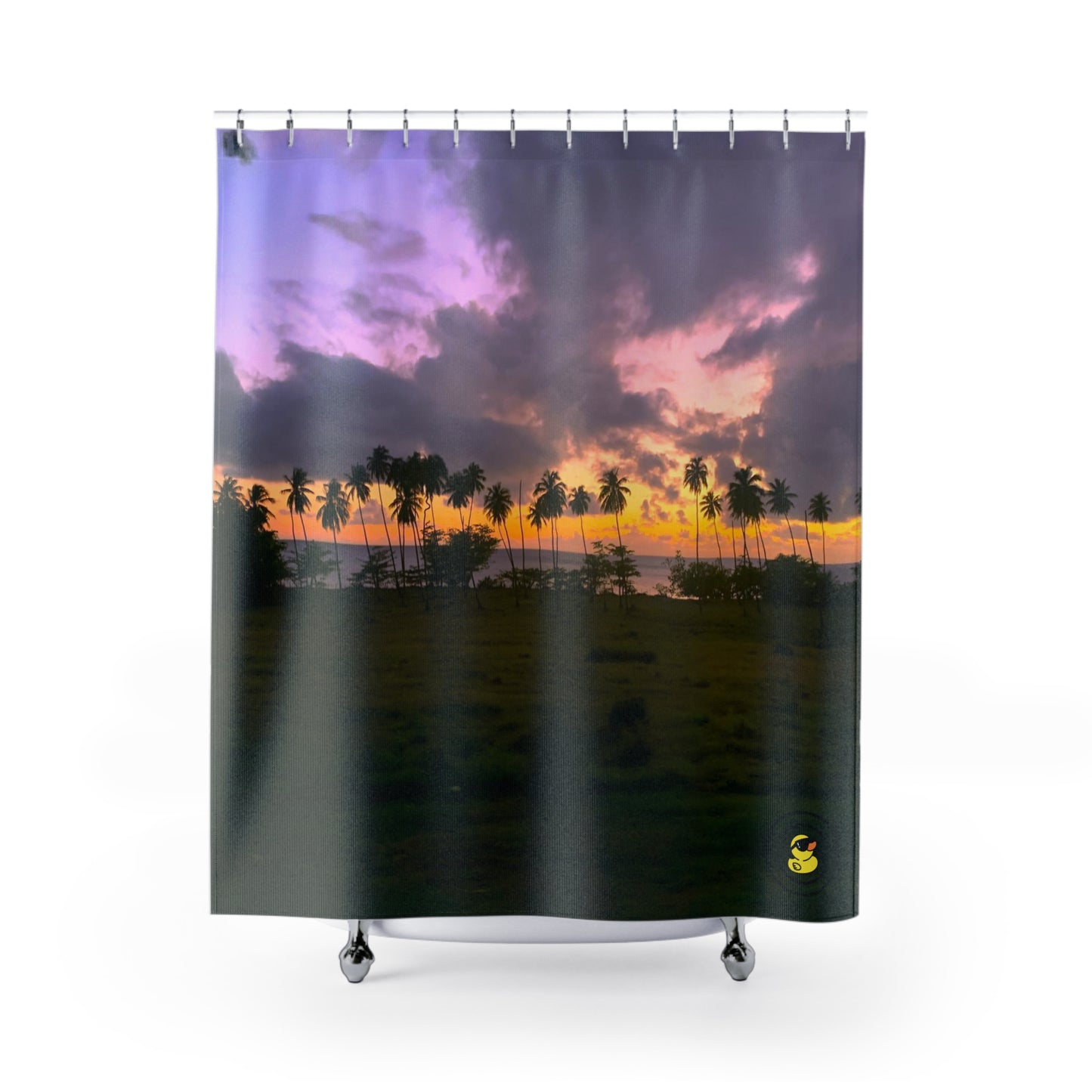 Tropical sunset shower curtain with silhouetted palm trees and vibrant purple-orange sky over coastal landscape.