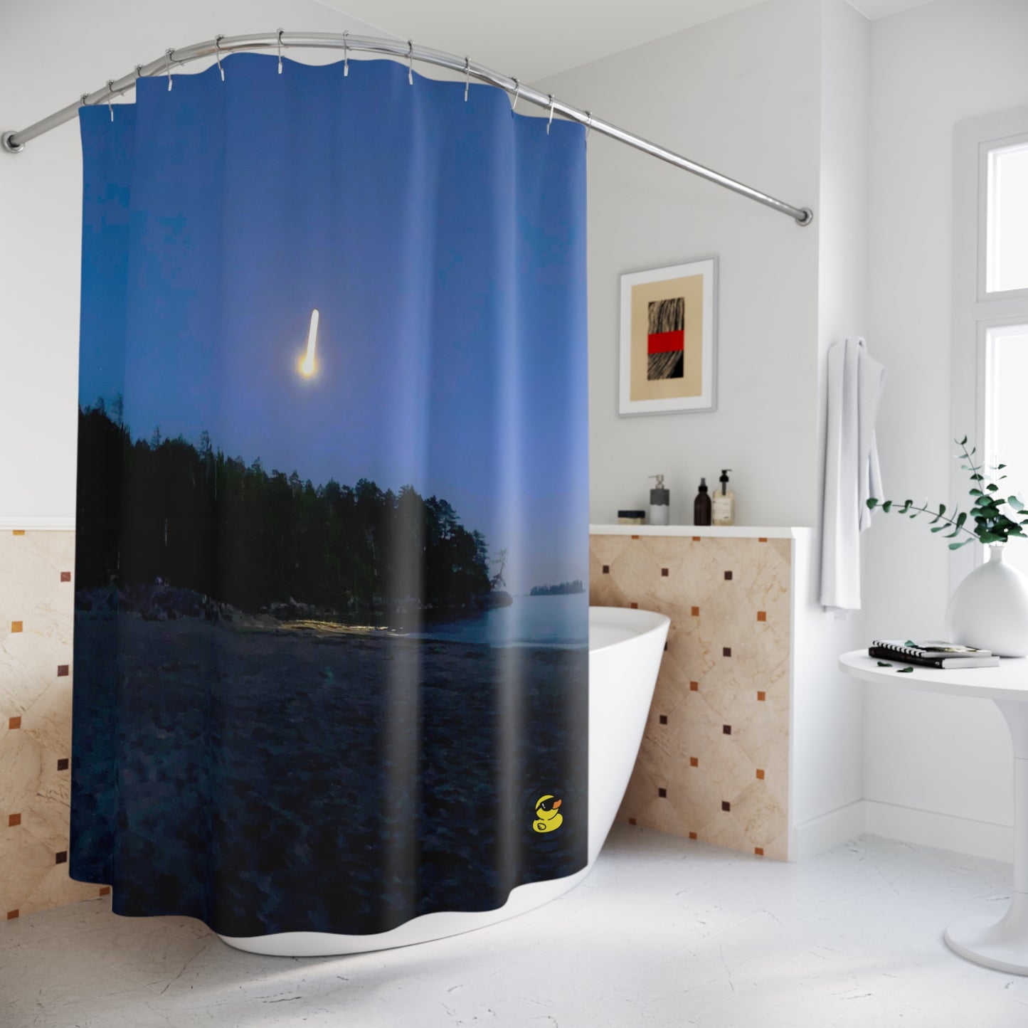 Bathroom with tub and "Beach Shooting Star" shower curtain showing a night sky, glowing shooting star, and dark beach silhouette.