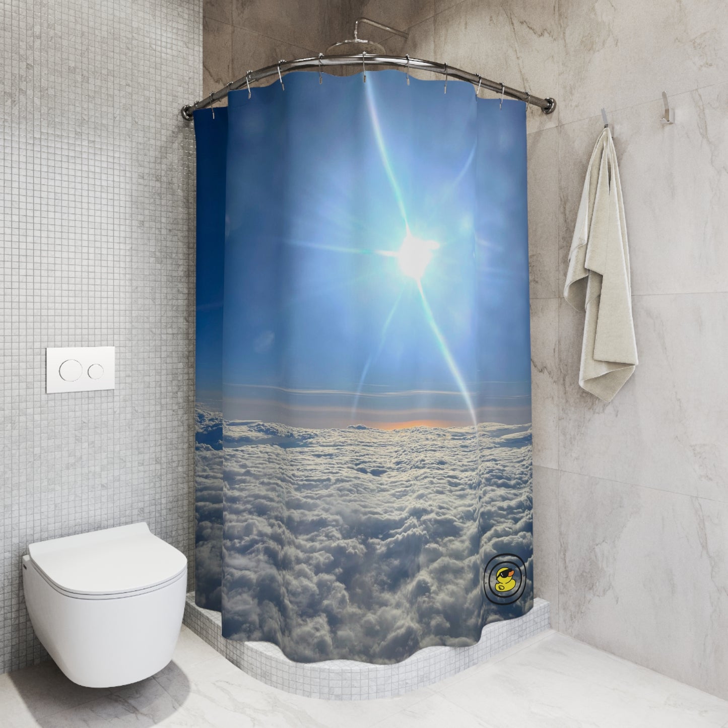 Bathroom with shower curtain featuring a bright sun shining above a sea of clouds, creating a serene sky view.