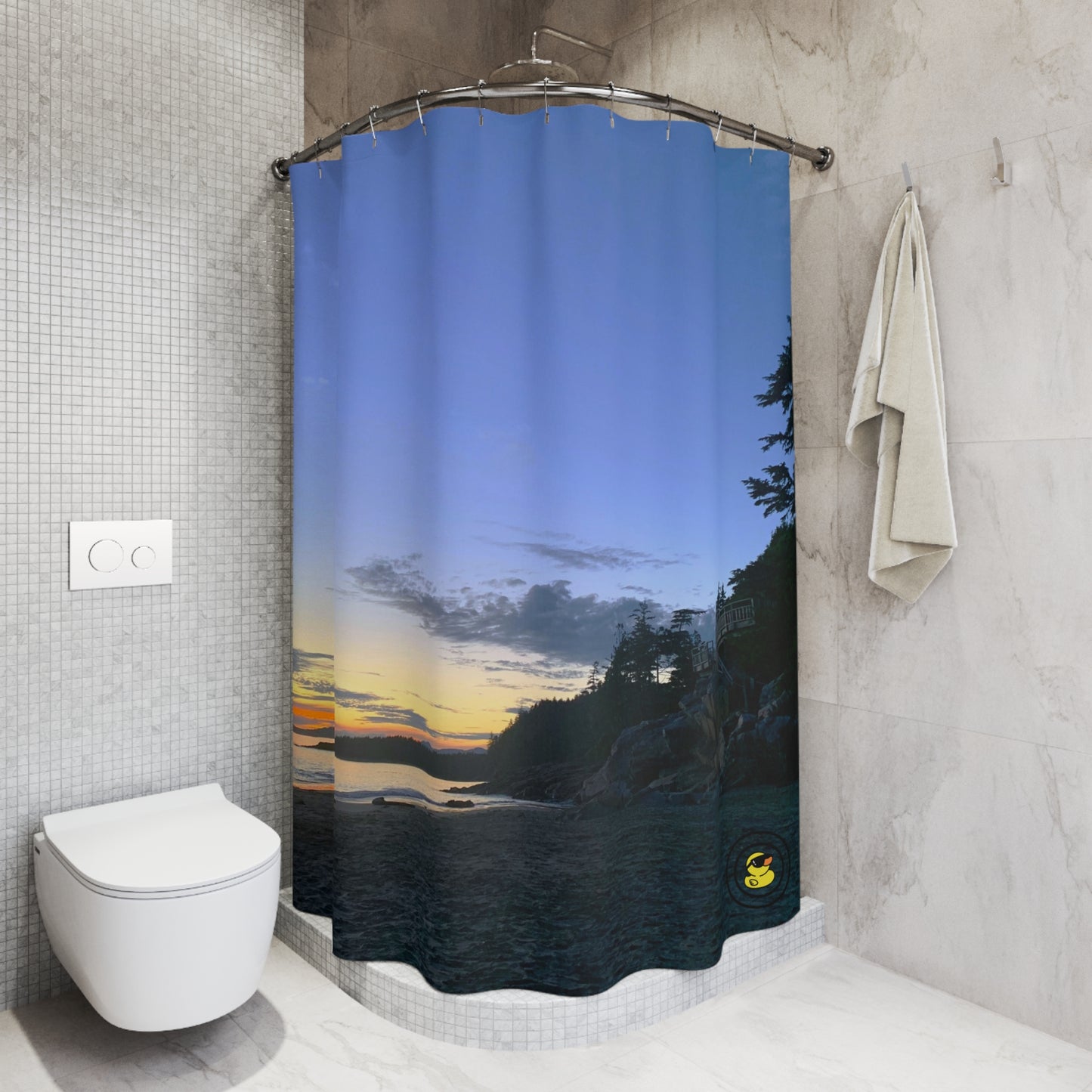 Sunset bathroom decor with cliffside ocean shower curtain