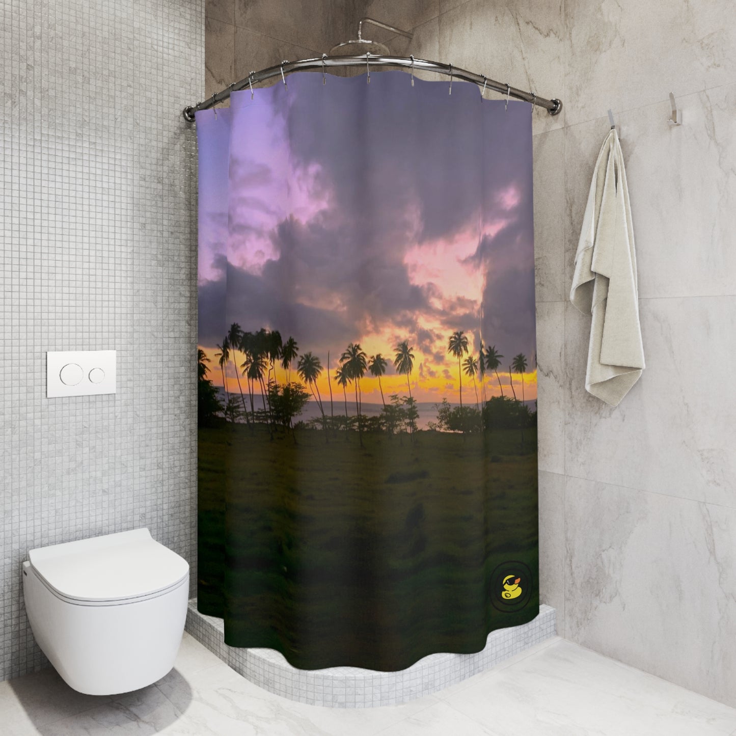 Shower curtain with tropical palm trees silhouetted against a vivid purple and orange sunset over calm water.