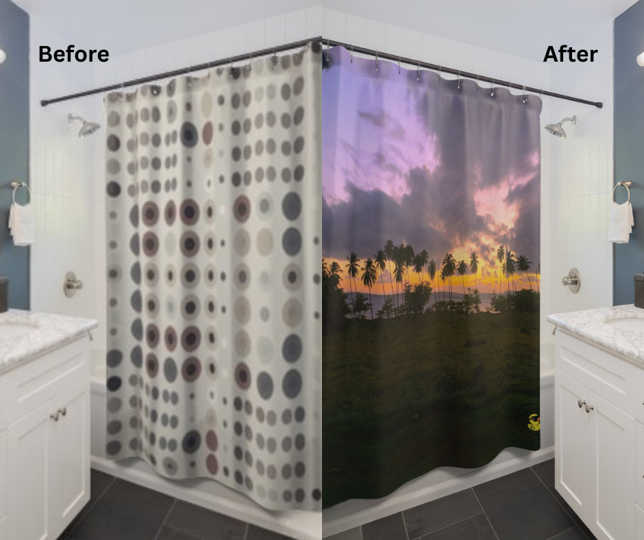 Before and after lifestyle photo for Puerto Rican Sunset Shower Curtain