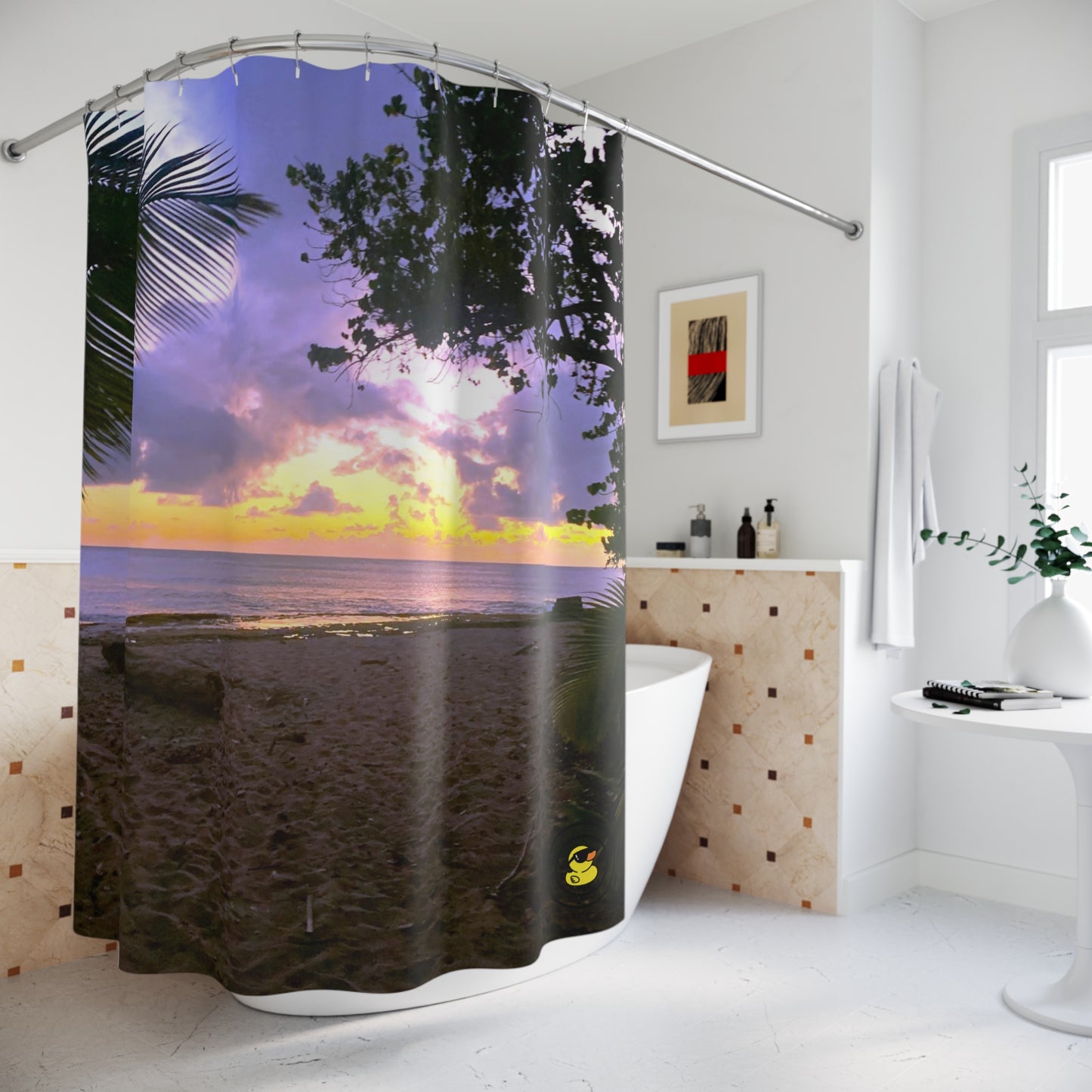 Puerto Rican beach sunset shower curtain with palm trees, sand, and a vibrant tropical sky in white bathroom.
