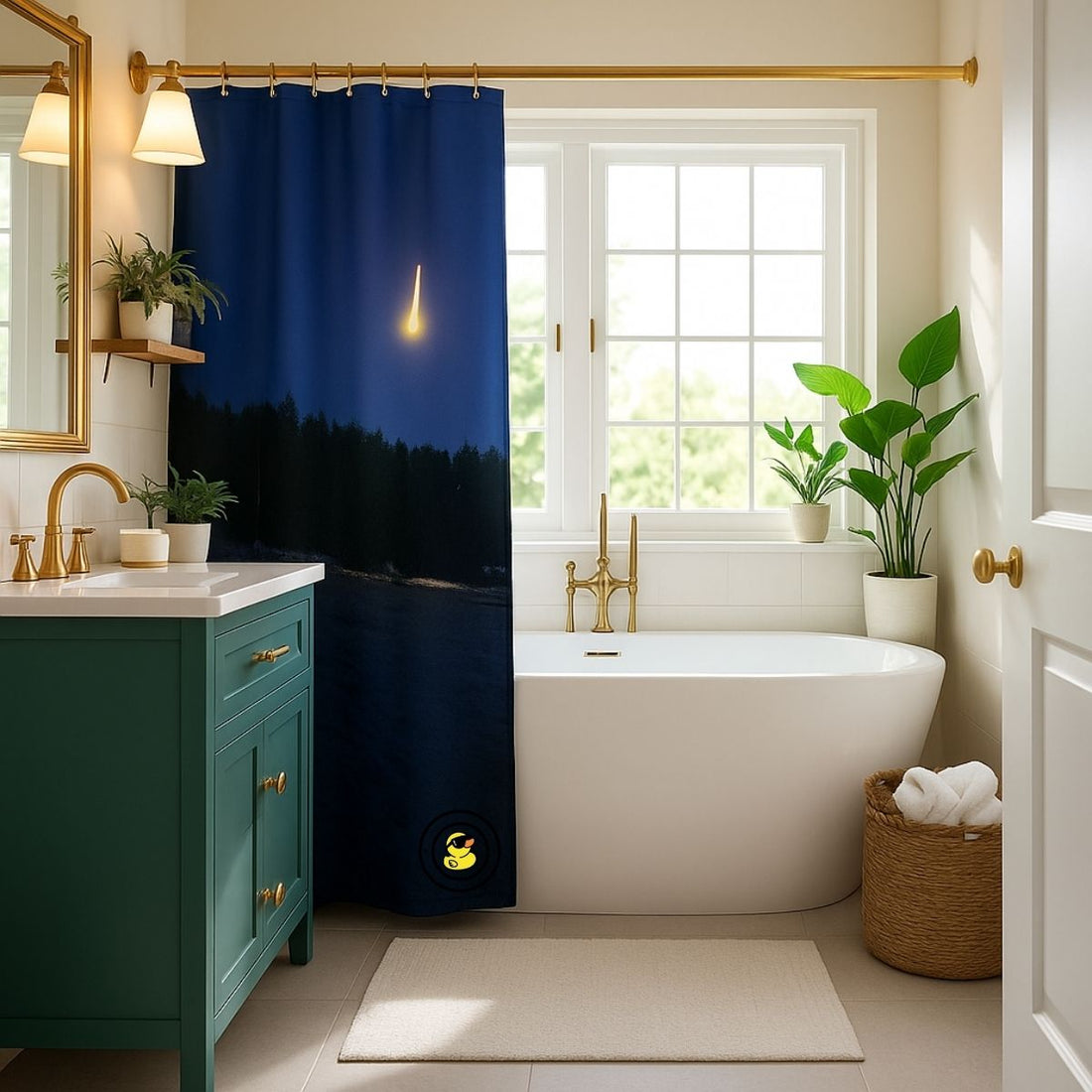 Modern bathroom with emerald green vanity, gold fixtures, and a navy shower curtain with moonlit seascape design.