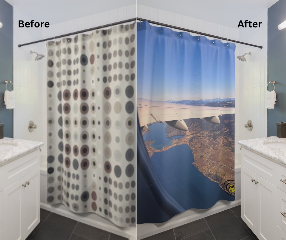 Before and after lifestyle photo for Aerial View Shower Curtain
