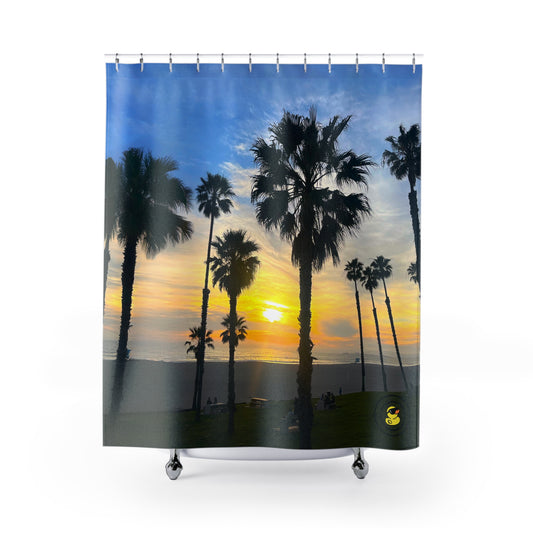Palm trees at sunset on a beach shower curtain. Bringing coastal California vibes and tranquility to your bathroom.