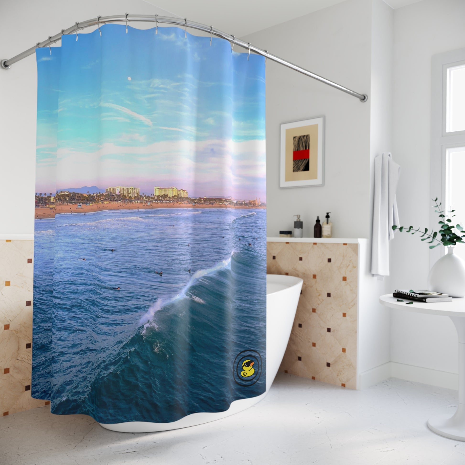 Shower curtain with vibrant ocean surf design. Featuring waves and a coastal skyline, adding a refreshing beach vibe.