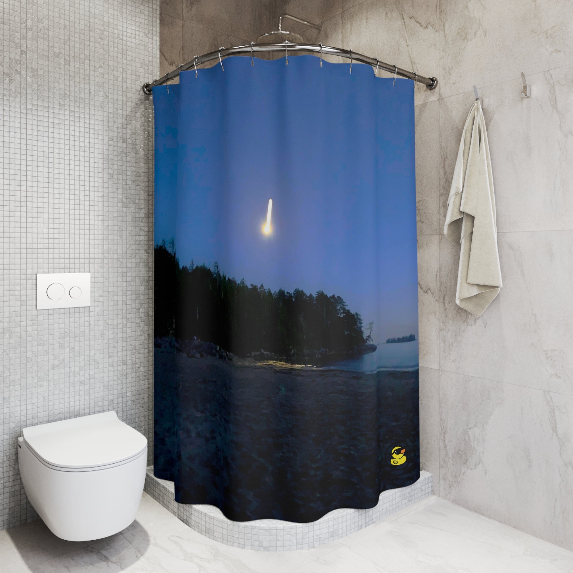 Modern bathroom featuring the “Beach Shooting Star” shower curtain with a vivid night sky and glowing shooting star over a coastal scene.
