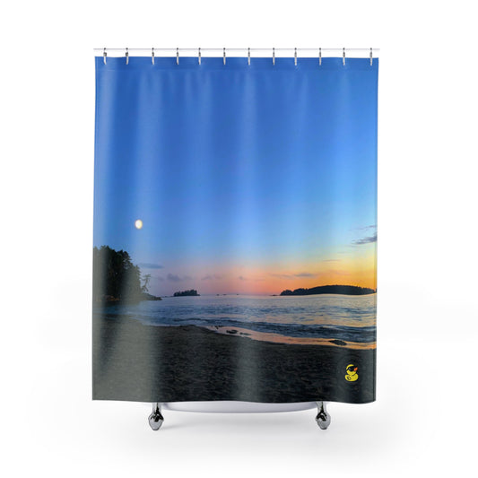 Shower curtain with a scenic print of a moonrise over a beach at dusk, with soft colors, ocean waves, and gentle evening light.