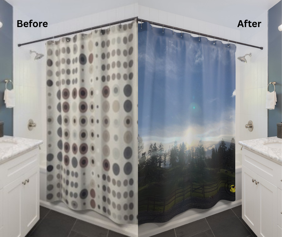 Before and after lifestyle photo for Farm Sunset Shower Curtain