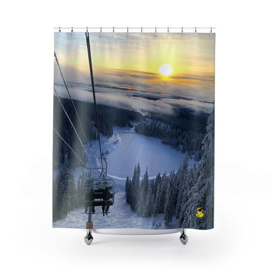Chairlift rising over snowy slopes and pine trees at sunset on snowboarding-themed shower curtain.