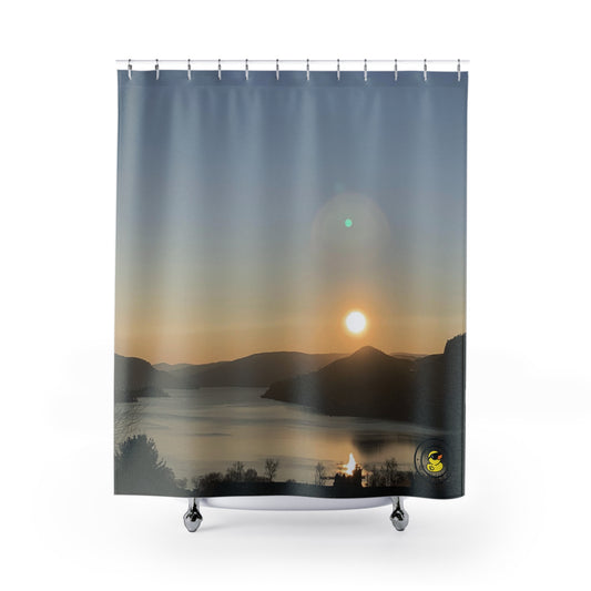 Shower curtain of a golden hour sunset over a peaceful lake and mountains. Warm orange and beige tones to show off that glow.