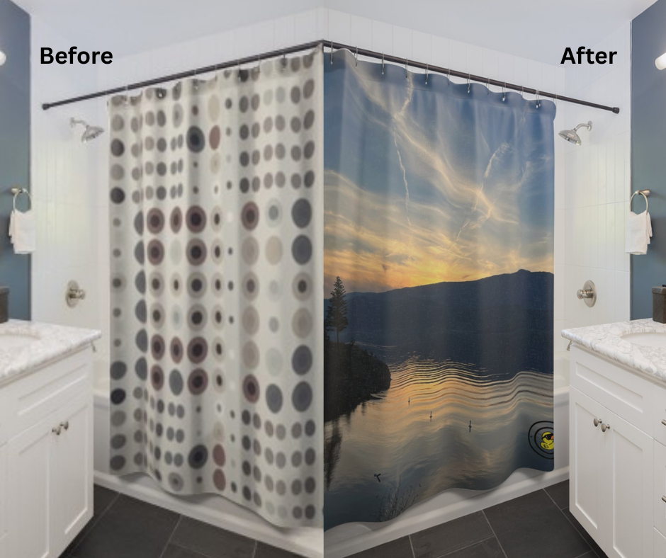 Before and after lifestyle photo for Lake Life Shower Curtain