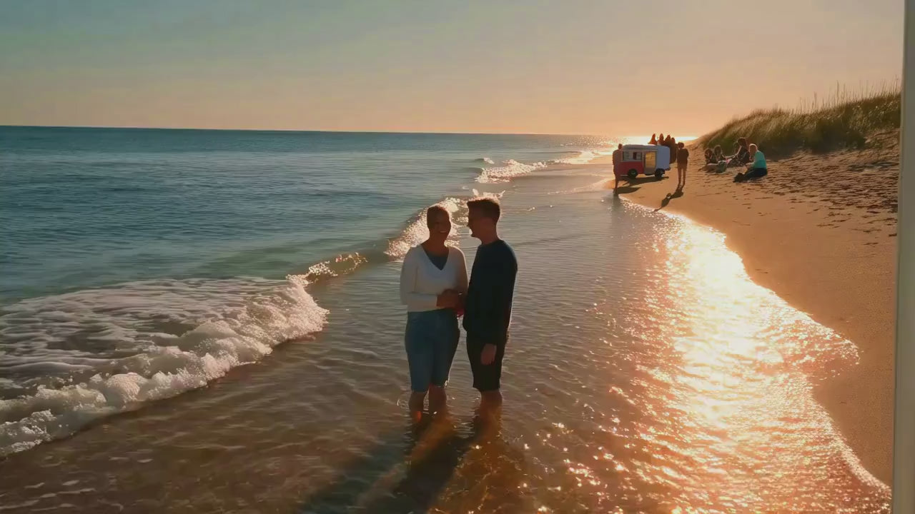 Load video: Couple wading in shallow ocean waves at a sunny beach with sparkling water and soft ambient summer sounds.