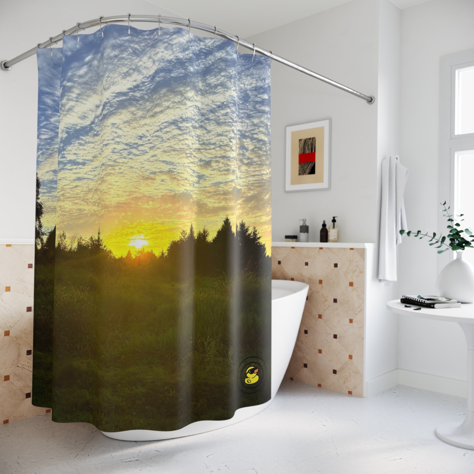 Bathroom with a nature-themed shower curtain featuring a vivid forest sunset and glowing sky for a peaceful vibe.