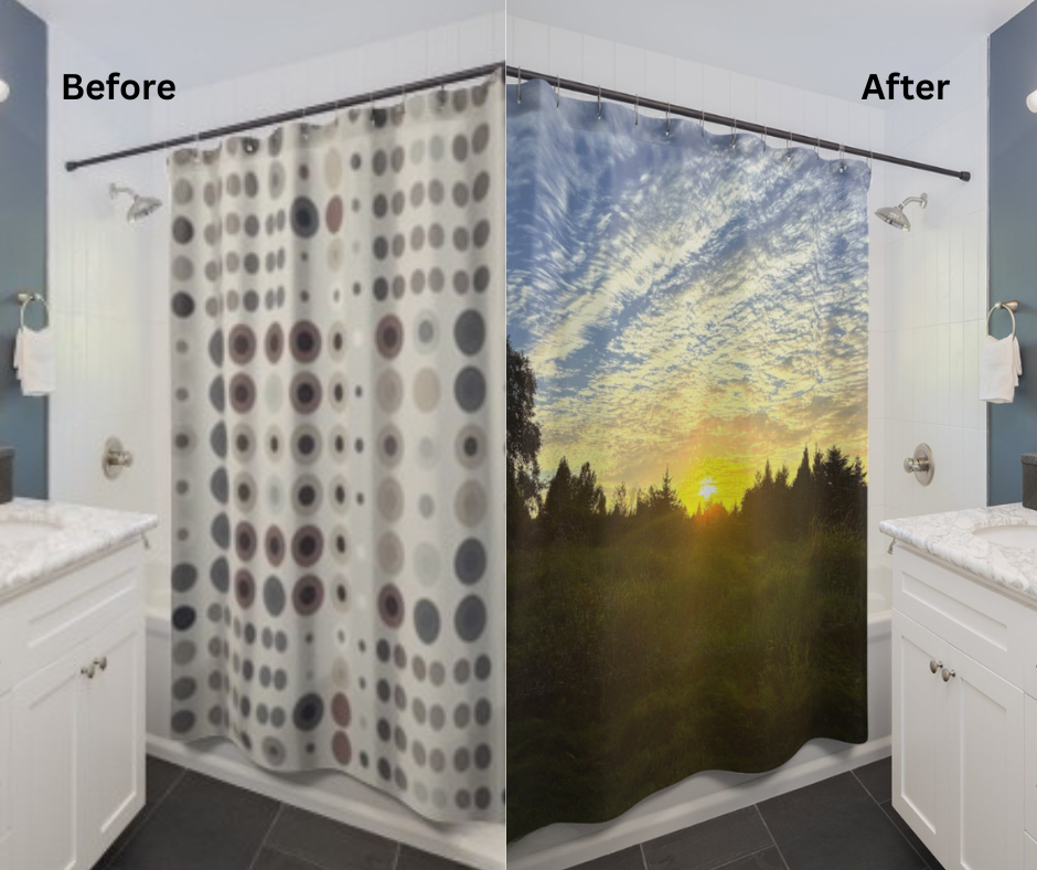 Before and after lifestyle photo for Serene Sunset Shower Curtain