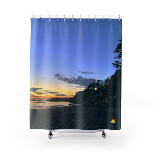 Sunset shower curtain with coastal cliffs and tranquil ocean view