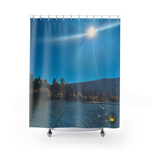 Shower curtain of a sunny day on Okanagan Lake. Sparkling water and tree-lined hills in the background.