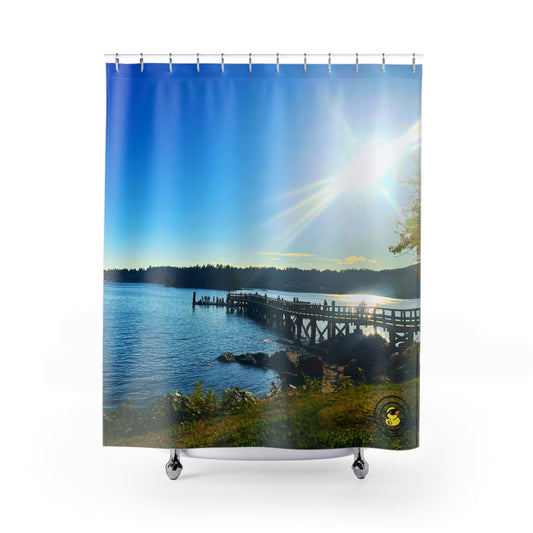Shower curtain with a scenic dock over calm blue water under a bright summer sun. Evoking peaceful coastal vibes.