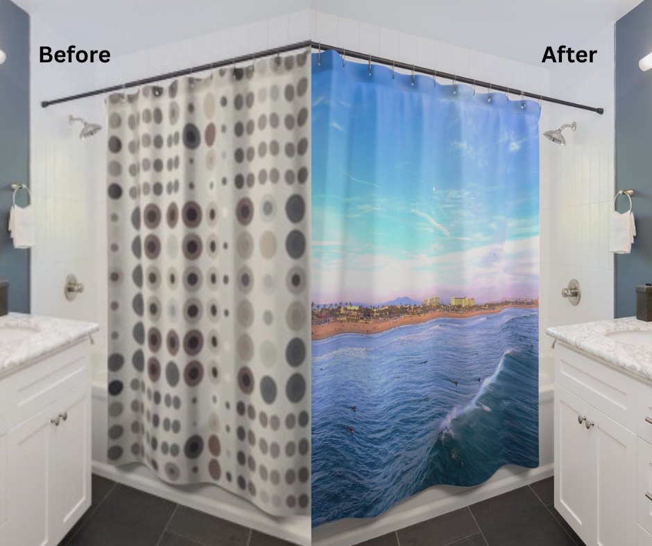 Before and after lifestyle photo for Surf California Shower Curtain